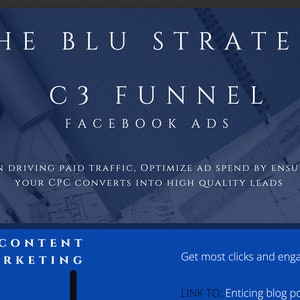 May include: A blue and white graphic with the text "THE BLU STRATEGY C3 FUNNEL FACEBOOK ADS" and the text "WHEN DRIVING PAID TRAFFIC, OPTIMIZE AD SPEND BY ENSURING YOUR CPC CONVERTS INTO HIGH QUALITY LEADS". Below the graphic is a blue rectangle with the text "CONTENT MARKETING" and a black vertical line. The text "Get most clicks and engagement" is on the right side of the rectangle. Below the text is the text "LINK TO: Enticing blog posts, videos,"