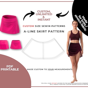 May include: A magenta A-line skirt pattern with the text "CUSTOM SIZE SEWIN PATTERNS" and "A-LINE SKIRT PATTERN". The image also shows a woman wearing a matching burgundy skirt and top. The words "PDF PRINTABLE" are also visible.