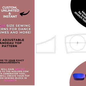 Puede incluir: Un gráfico con un patrón de top bandeau con el texto "¡PATRONES DE COSTURA DE TALLA PERSONALIZADA PARA DISFRACES DE BAILE Y MÁS!" y "EL PATRÓN DE TOP BANDEAU AJUSTABLE". La imagen también incluye el texto "Hecho para tejidos de punto / tejido elástico".