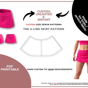 May include: A vibrant pink A-line skirt pattern with the text "CUSTOM SIZE SEWIN PATTERNS THE A-LINE SKIRT PATTERN". The image also shows a skirt and a person wearing a matching outfit. The text "PDF PRINTABLE" is also visible.
