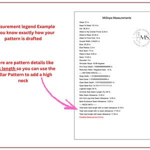 May include: A white document with black text detailing pattern measurements, including waist, bust, and neck measurements in inches. The document includes a measurement legend and pattern specifications. A pink arrow points to the neck info section.