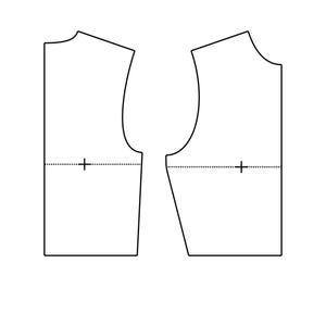 Pode incluir: Um desenho de linha de um padrão de vestuário sem mangas com uma linha pontilhada no centro.