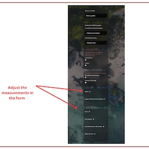 May include: A screenshot of a form with various options for selecting a profile, envelope size, and measurements. The form includes options for centimeters and inches, and the text "Adjust the measurements in the form" is visible.