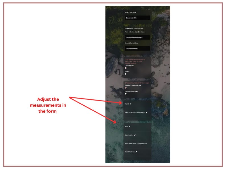 May include: A screenshot of a form with various options for selecting a profile, envelope size, and measurements. The form includes options for centimeters and inches, and the text "Adjust the measurements in the form" is visible.