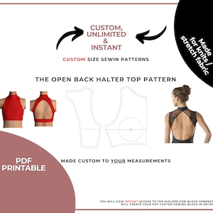 May include: Image features a red halter top with an open back design, alongside a pattern diagram. Text includes "Custom, Unlimited & Instant" and "Custom Size Sewin Patterns". The design is made for knits and stretch fabric.