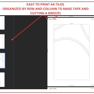 May include: A digital document with the text "EASY TO PRINT A4 TILES ORGANIZED BY ROW AND COLUMN TO MAKE TAPE AND CUTTING A BREEZE!". The document shows a grid layout with several white rectangular tiles, each containing a portion of a design.