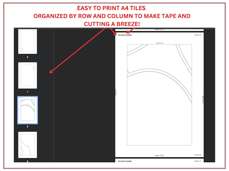 May include: A digital document with the text "EASY TO PRINT A4 TILES ORGANIZED BY ROW AND COLUMN TO MAKE TAPE AND CUTTING A BREEZE!". The document shows a grid layout with several white rectangular tiles, each containing a portion of a design.