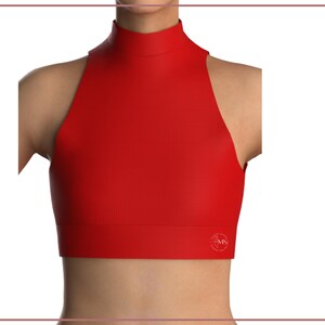May include: A red sleeveless crop top with a high mock neck and a small logo on the bottom right corner.