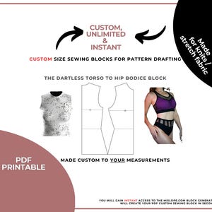 May include: A promotional graphic for sewing patterns, featuring text and images. The text highlights "Custom, Unlimited & Instant" and "Custom Size Sewing Blocks". Images include a garment, a pattern diagram, and athletic wear. The graphic is for knit and stretch fabric.