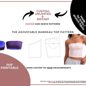 Puede incluir: Imagen promocional de un patrón de costura imprimible en PDF para un top bandeau ajustable. El diseño incluye un top bandeau rosa claro, diagramas de patrones y el texto "Custom, Unlimited & Instant". El patrón está hecho para tejido de punto y tejido elástico.