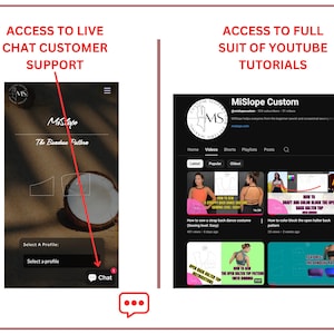 May include: Image showing a website interface with live chat customer support and a YouTube channel with sewing tutorials. The website interface displays the text "MiSlope" and "The Bandeau Pattern". The YouTube channel is titled "MiSlope Custom".
