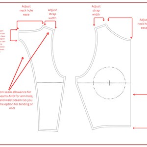 May include: A diagram showing how to adjust the neck hole ease, strap width, and distance below the bust radius on a sleeveless garment pattern.