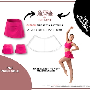 Könnte beinhalten: Schnittmuster für einen A-Linien-Rock in leuchtendem Pink, mit passendem Sport-BH und Rock, getragen von einer Frau. Der Text enthält: "Custom, Unlimited & Instant" und "Made for knits/stretch fabric."