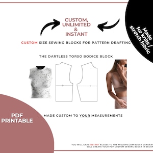 Pode incluir: Um download digital de um padrão PDF imprimível para um bloco de corpo de torso sem pregas. O padrão é feito sob medida e pode ser usado para criar roupas personalizadas para tecidos de malha ou elásticos. A imagem mostra uma amostra do padrão, um close-up do bloco de corpo e uma modelo vestindo uma roupa feita com o padrão.