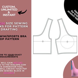 Puede incluir: Un patrón digital para un top de bikini o sujetador deportivo. El patrón está hecho para tejidos de punto e incluye instrucciones para crear un bloque de costura de tamaño personalizado. El texto en la imagen dice "Personalizado, Ilimitado e Instantáneo", "Bloques de costura de tamaño personalizado para el diseño de patrones", "El patrón del top de bikini/sujetador deportivo", "Hecho a su medida", "¡Obtendrá acceso instantáneo a la herramienta de generación de bloques mislope.com, que creará su bloque de costura PDF personalizado en segundos!" y "Hecho para tejidos de punto/tejidos elásticos".