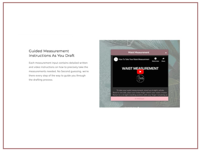 May include: A screenshot of a computer screen showing a video tutorial on how to take a waist measurement. The video is titled "Waist Measurement" and features a play button. The text below the video provides instructions on how to take the measurement.