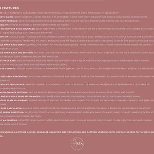 May include: A pink-toned page with the text "PATTERN FEATURES" at the top. The text describes features like custom fit, built-in sizing, measurement profiles, unit flexibility, and adjustable back and neck options for leotard patterns.