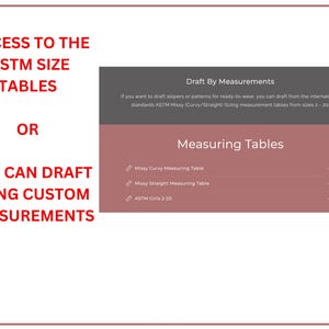 May include: A digital display with text in red and white, offering options to access ASTM size tables or draft using custom measurements. The display includes a section titled "Measuring Tables" with options for Missy Curvy, Missy Straight, and ASTM Girls sizes.