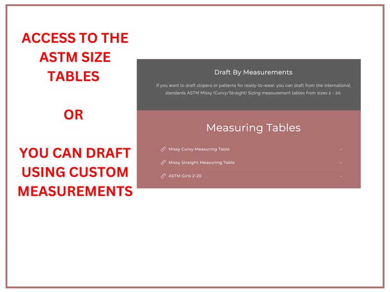 May include: A digital display with text in red and white, offering options to access ASTM size tables or draft using custom measurements. The display includes a section titled "Measuring Tables" with options for Missy Curvy, Missy Straight, and ASTM Girls sizes.
