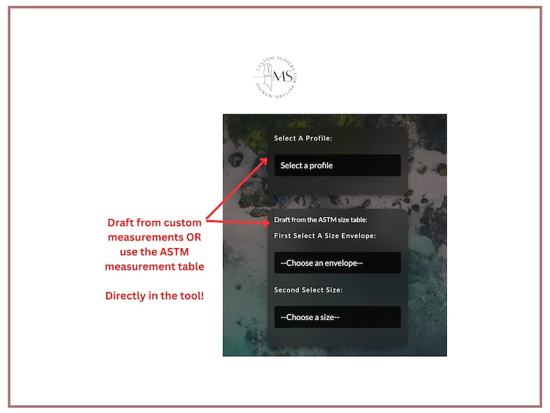 May include: Screenshot of a computer screen showing a menu for selecting a profile. The menu has two options: "Select a profile" and "Draft from the ASTM size table".