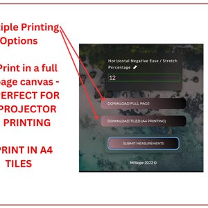 May include: A screenshot showing multiple printing options. The options include printing on a full-page canvas and printing in A4 tiles. The image also displays a percentage input field and buttons to download the full page or tiled version.