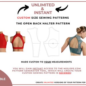 以下が含まれることがあります： オープンバックのホルターネックトップの、カスタムサイズ縫製パターンのデジタルダウンロードです。画像には、赤いホルターネックトップ、ターコイズブルーのホルターネックトップ、パターンパーツが示されています。画像のテキストには、「無制限＆即時 カスタムサイズ縫製パターン オープンバックホルターネックパターン あなたの採寸に合わせてカスタムメイド mislope.comのパターンジェネレーターツールにすぐにアクセスできます。このツールは、数秒であなただけのカスタム縫製パターンを作成します！ 1つの価格で、パターンを無制限にバージョンアップできます！」と記載されています。
