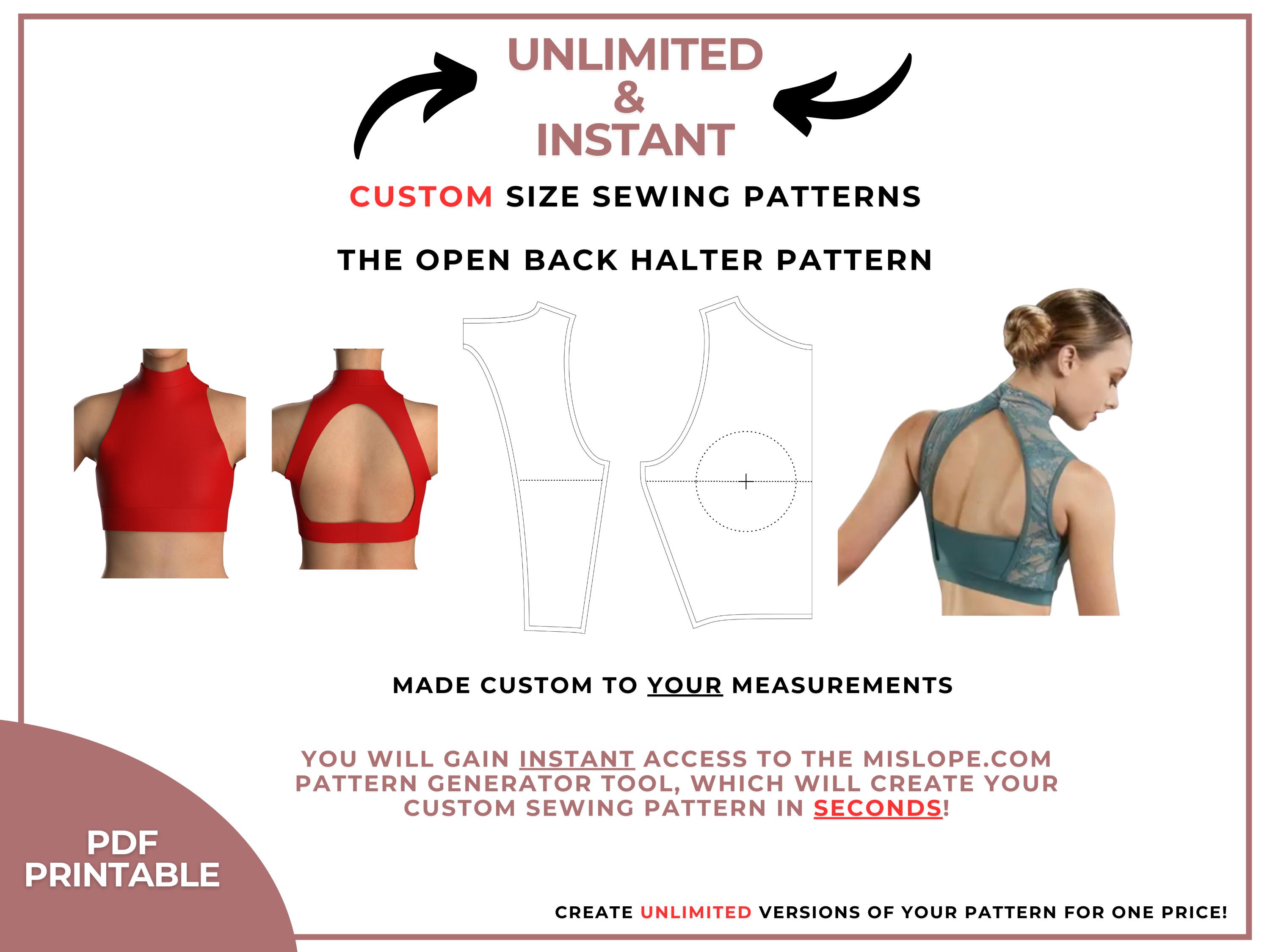 Made-to-measure open back halter top sewing pattern, custom swim top sewing pattern, custom dance costume top, bikini top Sewing Pattern,PDF