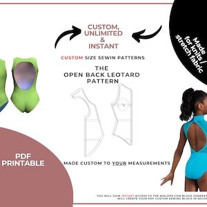 Op de afbeelding: Een turquoise open rug turnpakpatroon met een hoge hals en een sleutelgatrug. De afbeelding toont ook een diagram van het patroon, twee turnpakjesmodellen en de tekst "Custom, Unlimited & Instant". Gemaakt voor breisels/stretchstof.