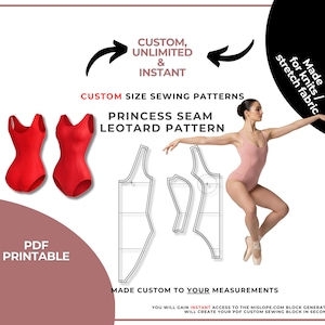 Made-to-Measure size or Standard Size (women and girls), Princess Seam Leotard Sewing Pattern for Dance Costume Design, PDF / Projector