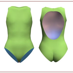 May include: A light green one-piece swimsuit with a scoop back and a blue accent at the bottom. The swimsuit is sleeveless and has a high neckline. The back of the swimsuit has a large, oval cutout.