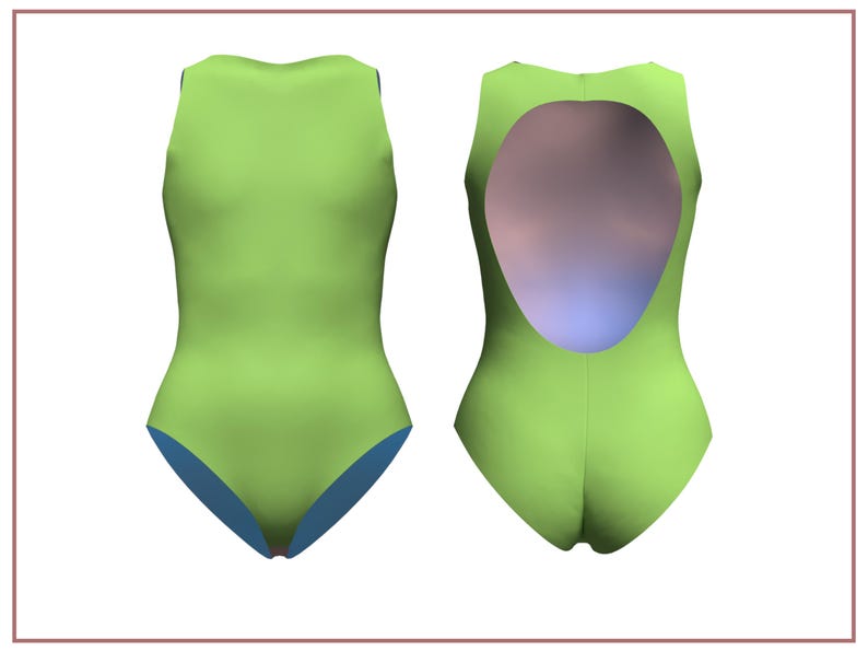 May include: A light green one-piece swimsuit with a scoop back and a blue accent at the bottom. The swimsuit is sleeveless and has a high neckline. The back of the swimsuit has a large, oval cutout.