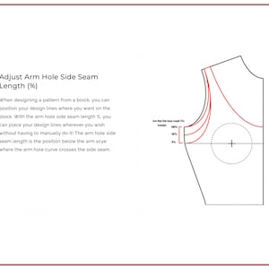 May include: Diagram showing how to adjust the armhole side seam length on a pattern block. The diagram shows a red line that represents the armhole side seam length at 100%, 90%, and 80%.