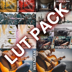 May include: A collage of images showcasing different LUT packs for video editing. The LUT packs include themes like "Red Theme", "Hollywood", "Wedding", "Instagram", "Orange & Teal", "Disney Look", and "Cinematic Deep".
