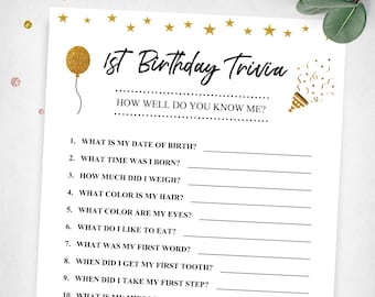 1st Birthday Trivia. How Well Do You Know Me? Party Game. Gold First Birthday Game. Instant Digital Download. Printable Game Keepsake.