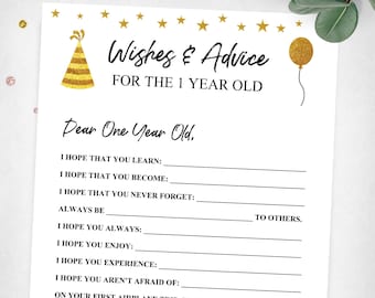 1st Birthday Wishes And Advice For The 1 Year Old. Party Game. Gold First Birthday Game. Instant Digital Download. Printable Game Keepsake.