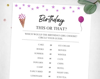 Birthday This Or That? Party Game. Teen, Tween Girl Birthday Game. Instant Digital Download. Printable Game Keepsake.