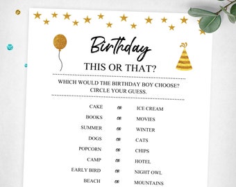 Birthday This Or That? Party Game. Gold. Teen, Tween, Youth, Adult Boy Birthday Game. Instant Digital Download. Printable Game Keepsake.