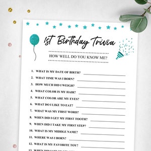 1st Birthday Trivia. How Well Do You Know Me Party Game. Turquoise ...