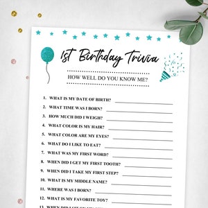 1.Geburtstag-Trivia. Wie gut kennst du mich? Gesellschaftsspiel. Türkis erstes Geburtstags-Spiel. Sofortiger digitaler Download. Druckbares Spiel-Andenken.