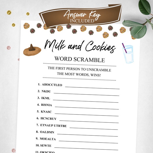 Milk and Cookies Word Scramble. Birthday Party Game. Milk & Cookies Theme Word Scramble Slumber Party Game. Instant Digital Download.