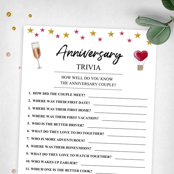 Anniversary Trivia. Party Keepsake Game. Anniversary Party Game. Instant Digital Download. Printable Game.