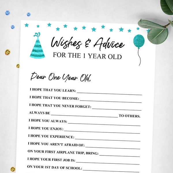 1st Birthday Wishes And Advice For The 1 Year Old. Party Game. Turquoise Birthday Game. Instant Digital Download. Printable Game Keepsake.