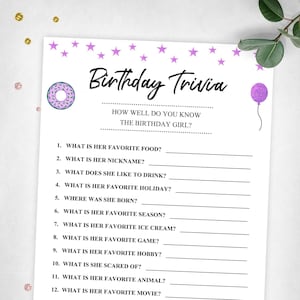 Birthday Trivia Purple Party Game. Youth, Adult, Teen, Tween Girl Birthday Game. Instant Digital Download. Printable Game Keepsake. image 1