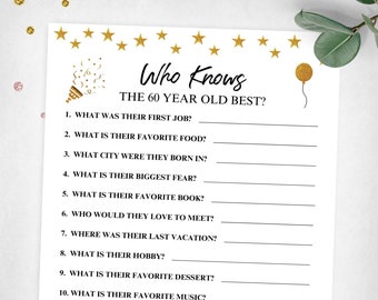 Who Knows The 60 Year Old Birthday Game. Adult Gold Birthday Game. Instant Digital Download. Printable Game Keepsake.