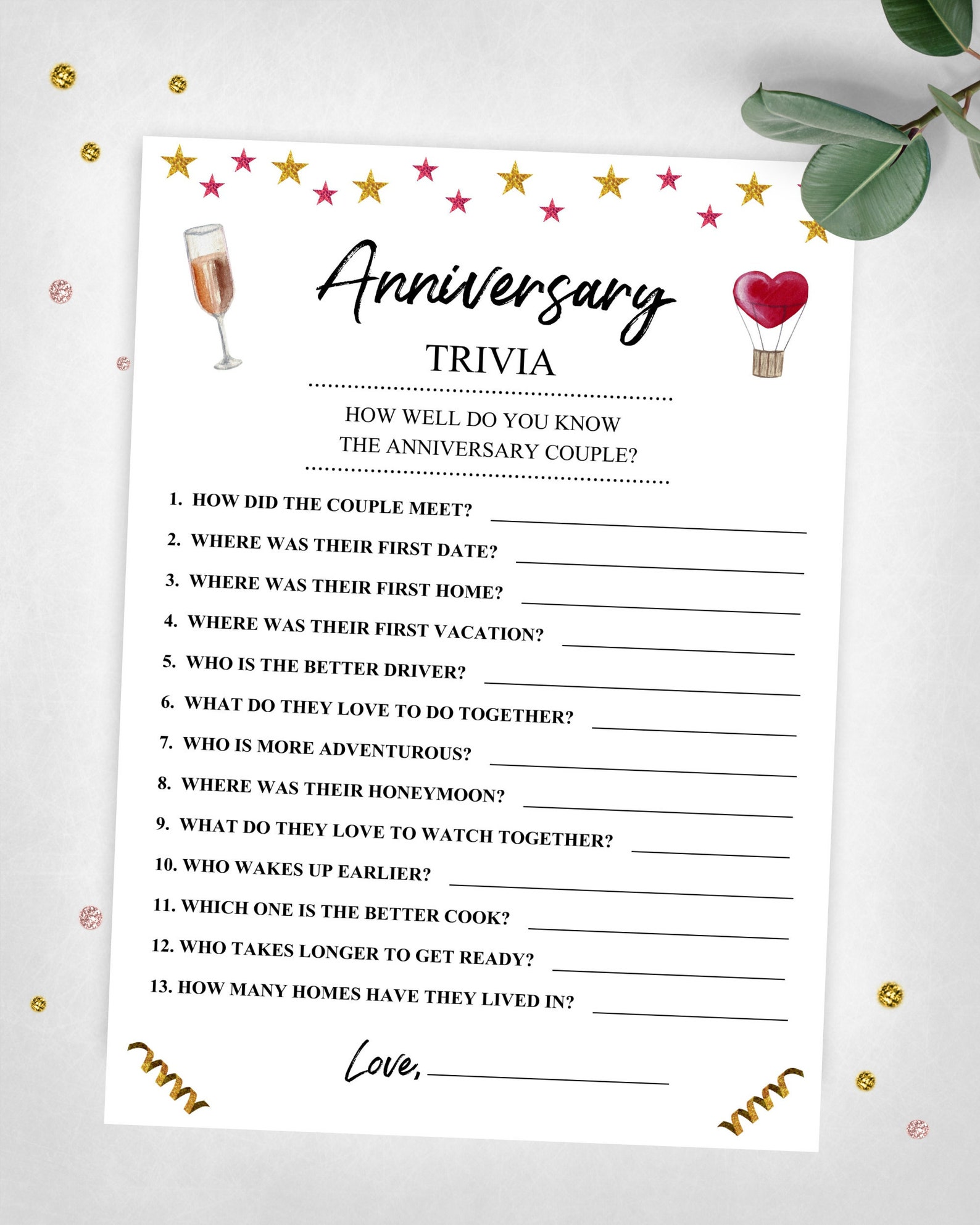 Anniversary Trivia Party Keepsake Game Anniversary Party Game Instant Digital Download Printable Game