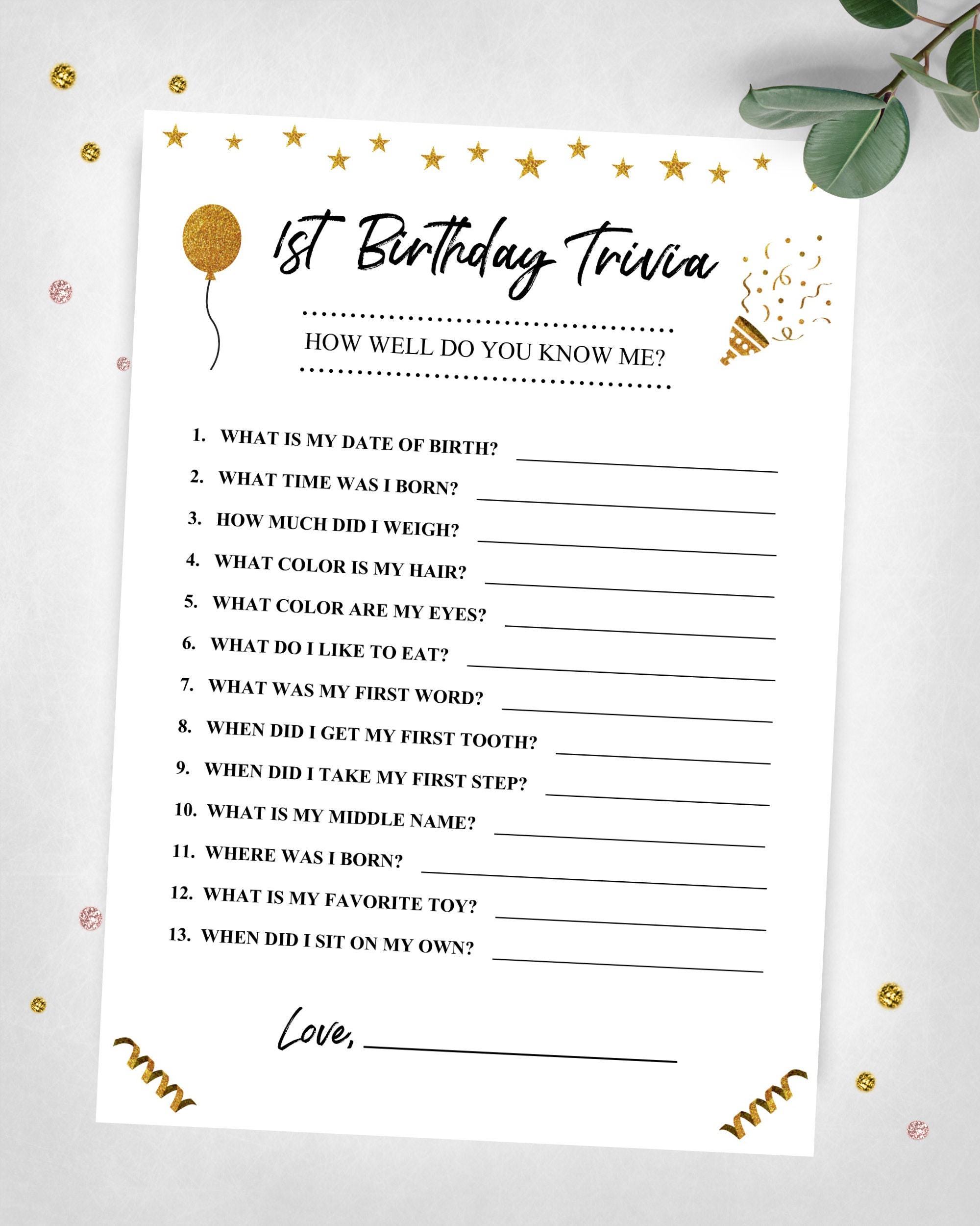 1st Birthday Trivia. How Well Do You Know Me Party Game. Gold - Etsy Canada