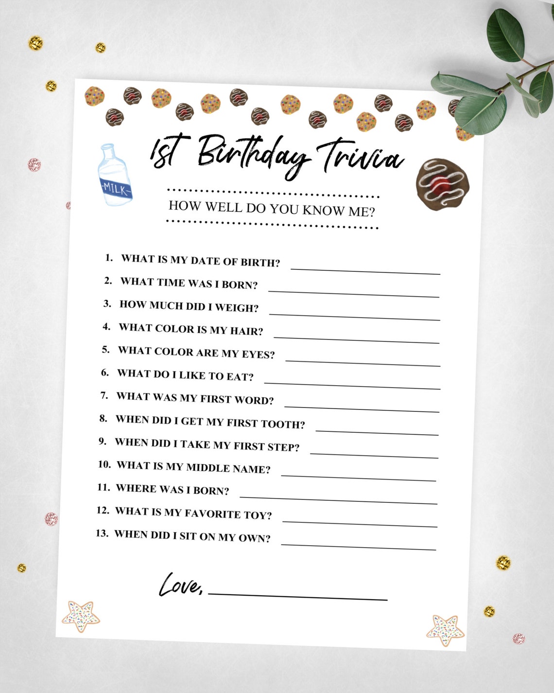 1st Birthday Trivia How Well Do You Know Me Milk And Cookies Etsy