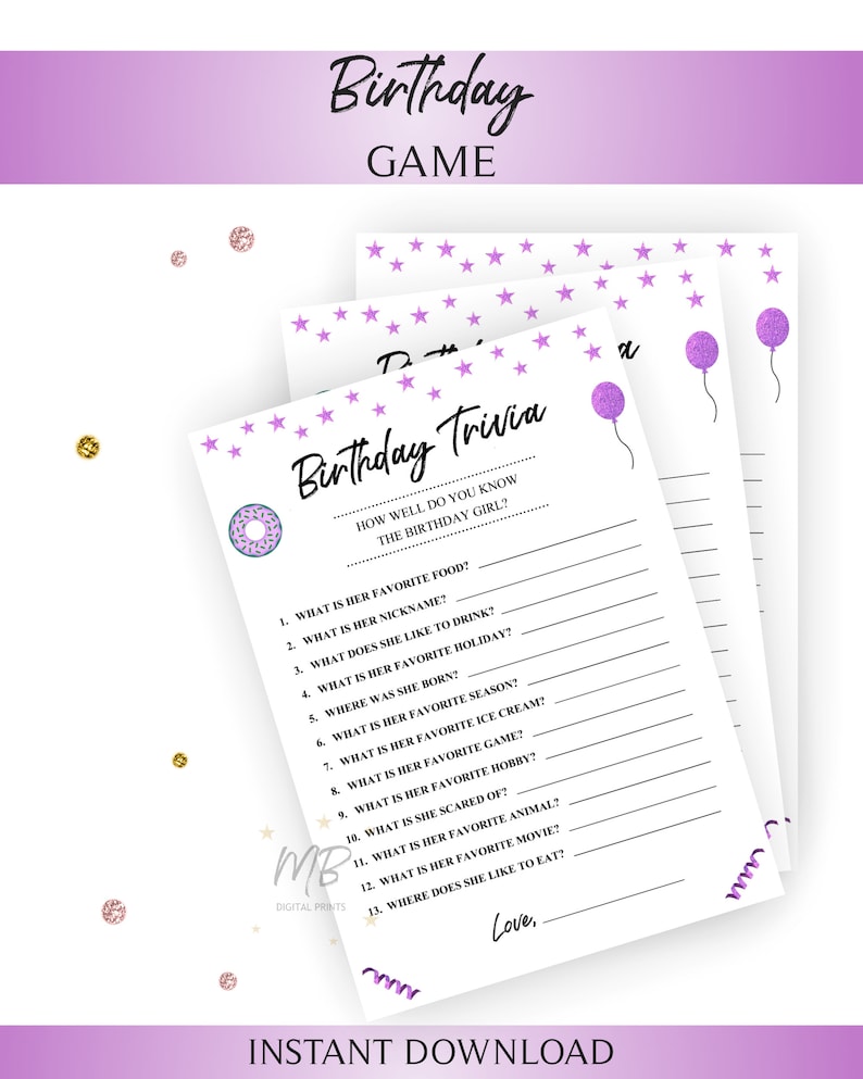 Birthday Trivia Purple Party Game. Youth, Adult, Teen, Tween Girl Birthday Game. Instant Digital Download. Printable Game Keepsake. image 2