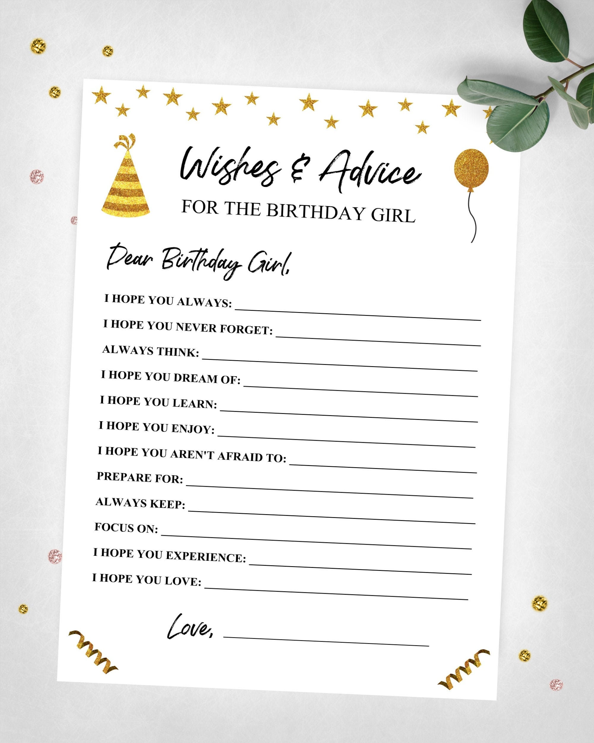 Wishes And Advice For The Birthday Girl. Gold Birthday Girl Party Game. Teen, Tween, Youth, Adult Birthday. Instant Digital Download.