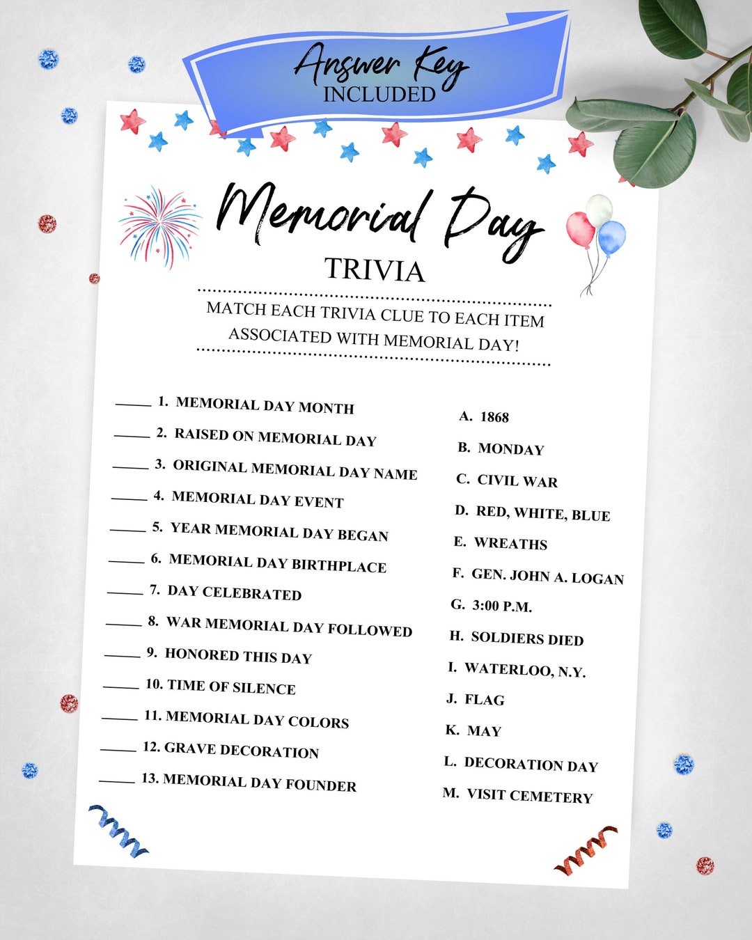 Memorial Day Trivia. Memorial Day Holiday Game. at Home Game